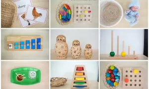 Montessori activities for 18 month old: animal cards, stacking toys, nesting dolls, and fine motor skill games.