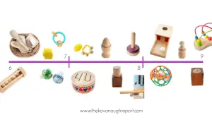 Montessori activities for 9 month old babies: wooden toys, rattles, sensory bottles, and a drum.