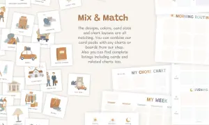 Montessori routine cards with illustrations for daily activities like "Grocery Shopping" and "Play Time," plus charts for "My Week" and "Morning Routine.