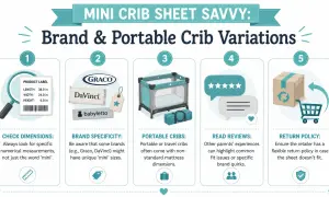 Comparing mini crib vs pack and play size: image shows crib dimensions, brands, portable cribs, reviews, and return policies for choosing the right sheet.