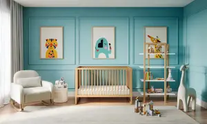 A serene nursery with cute baby boy nursery themes. A rocking chair, crib, and shelves filled with toys create a playful yet calming space.