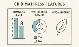 Infographic on how to pick a crib mattress: firmness level chart, waterproof cover icon, and hypoallergenic leaf symbol.