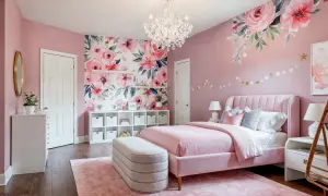 Charming baby girls room designs featuring a pink velvet bed, floral wallpaper, and a crystal chandelier.