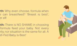 A father bottle-feeds his baby, illustrating the positives of formula feeding and emphasizing that a well-fed baby is best, regardless of feeding method.