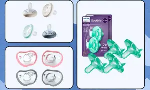 Philips Avent Soothie pacifiers, often considered the best pacifier for lip tie due to their one-piece silicone design, are shown in various colors.