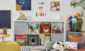 A bright, organized toy room with animal-themed baskets, plush toys, and colorful decor. This space offers great toy room inspiration for keeping things tidy and fun.