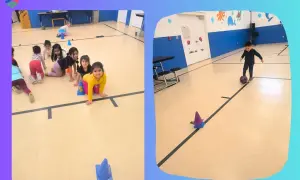Children practice gross motor skills activities in school, crawling through an obstacle course and kicking a soccer ball.
