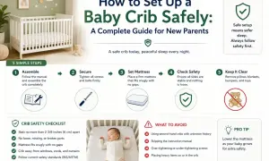 Guide on how to set up a baby crib safely, covering assembly, securing, mattress placement, safety checks, and keeping it clear.
