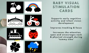 Baby visual stimulation cards featuring cherries, rainbow, bridge, bike, ship, ladybug, clover, and storm clouds. Perfect for infant vision development.