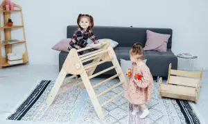 Two toddlers engage in Montessori activities for babies, climbing a wooden Pikler triangle and playing with toys in a bright, cozy room.