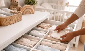 Hands neatly folding baby clothes in a drawer organizer, a perfect example of how to organize baby clothes for a tidy nursery.