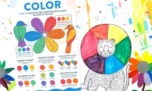 A colorful chart for learning colors for babies, featuring a flower petal color wheel, birds, and a lion with a rainbow mane.