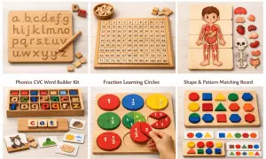 Montessori toys vs regular toys: wooden alphabet board, math board, anatomy puzzle, phonics kit, fraction circles, and shape matching.