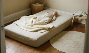A baby sleeps peacefully on a floor bed, a simple mattress placed directly on the wooden floor, covered with a soft blanket.