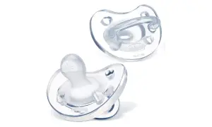 Two silicone pacifiers: one orthodontic, the other round.