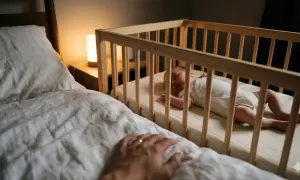A peaceful baby sleeps in a mini crib. Parents check the mini crib weight limit to ensure safety as their little one grows.