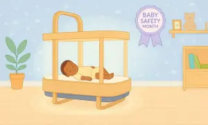 A baby sleeps soundly in a safe, modern bed. This illustration celebrates Baby Safety Month, reminding us to prioritize our little ones' well-being.
