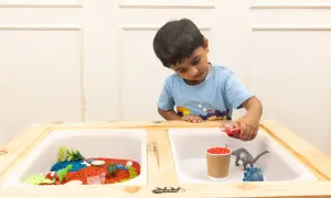 A boy pours red liquid into a sensory table with dinosaurs and colorful rice, exploring fun sensory table ideas.
