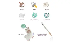 Discover the best binky for teeth development! This image showcases various pacifier brands like BIBS, Boon, and Dr. Brown's, plus a cute llama toy and a pacifier clip.