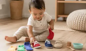 A baby explores colorful socks and shoes, a fun way to entertain a 1-year-old.