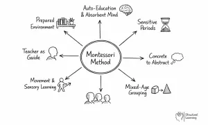 Diagram of the Montessori Method, highlighting key principles like prepared environment, auto-education, sensitive periods, concrete to abstract learning, mixed-age grouping, movement, sensory learning, and teacher as guide. This approach fosters holis...