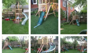 A DIY Montessori playground with wooden structures, slides, and swings, designed for imaginative outdoor play.
