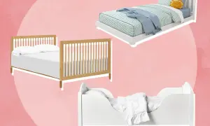 Three beds: a wooden crib, a white toddler bed with rails, and a white toddler bed with a low profile. These options show what kind of bed should a 1 year old be in.