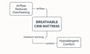 A breathable crib mattress offers airflow to reduce overheating, moisture wicking, and hypoallergenic comfort for a safe and cozy sleep.