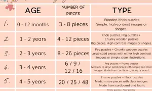 Chart detailing puzzle types for babies and young kids, from first puzzle (0-12 months, 3-8 pieces) to 5-6 years.