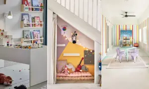 Minimalist playroom ideas: a white play table with toys, a cozy under-stairs nook, and a colorful room with a table and chairs.