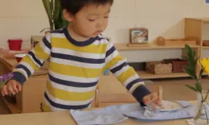 A young child, around 18 months old, practices setting a table in a Montessori environment, carefully placing a glass.