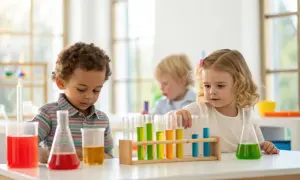 Curious kids engage in fun stem activities for 4 year olds, exploring colorful liquids in a science lab setting.
