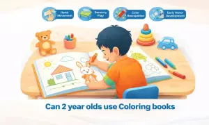 A boy colors a bunny in a book, surrounded by toys. This shows how coloring aids hand movement, sensory play, color recognition, and early motor development for 2 year olds.