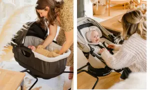 A mother adjusts her baby in a bassinet, mindful of the weight limit. Another mother secures her smiling baby in a stroller seat.