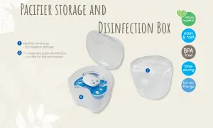 Pacifier storage and disinfection box. Ideal for on-the-go hygienic storage and quick microwave disinfection.