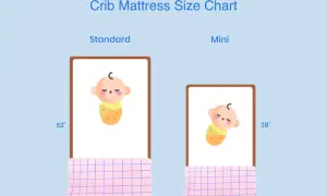 Crib mattress size chart showing standard (52"x28") and mini (38"x24") dimensions, each with a cute baby illustration.