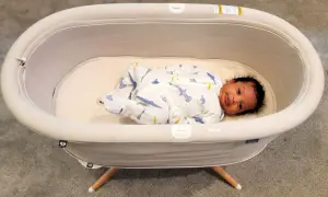 A baby sleeps soundly in a bassinet, a cozy bed for newborns. This bassinet is used for a safe and comfortable sleeping space for infants.