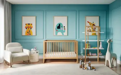 A serene nursery with cute baby boy nursery themes. A rocking chair, crib, and shelves filled with toys create a playful yet calming space.