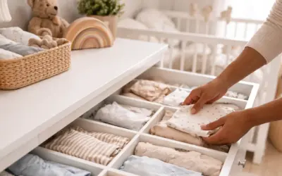 Hands neatly folding baby clothes in a drawer organizer, a perfect example of how to organize baby clothes for a tidy nursery.