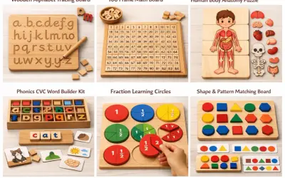 Montessori toys vs regular toys: wooden alphabet board, math board, anatomy puzzle, phonics kit, fraction circles, and shape matching.