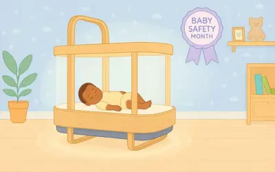 A baby sleeps soundly in a safe, modern bed. This illustration celebrates Baby Safety Month, reminding us to prioritize our little ones' well-being.