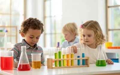 Curious kids engage in fun stem activities for 4 year olds, exploring colorful liquids in a science lab setting.