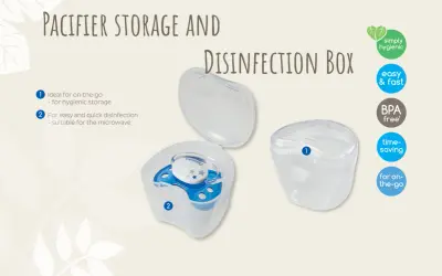 Pacifier storage and disinfection box. Ideal for on-the-go hygienic storage and quick microwave disinfection.