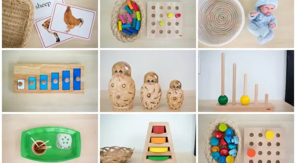 Montessori activities for 18 month old: animal cards, stacking toys, nesting dolls, and fine motor skill games.