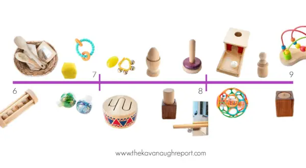Montessori activities for 9 month old babies: wooden toys, rattles, sensory bottles, and a drum.