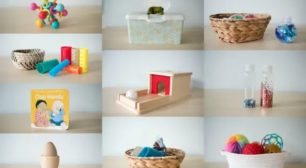 Montessori for 8 month old: colorful grasping toy, hair curlers, object permanence box, sensory bottles, and textured balls.
