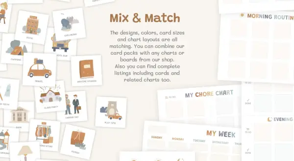 Montessori routine cards with illustrations for daily activities like "Grocery Shopping" and "Play Time," plus charts for "My Week" and "Morning Routine.