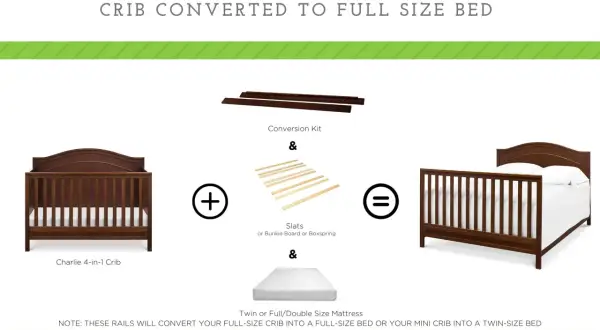 See how cribs convert to twin or full beds with a conversion kit and mattress.