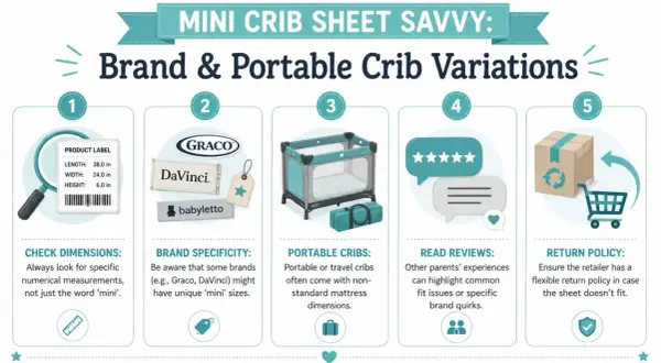 Comparing mini crib vs pack and play size: image shows crib dimensions, brands, portable cribs, reviews, and return policies for choosing the right sheet.