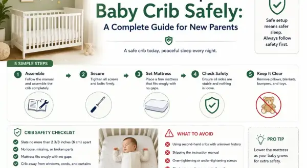 A guide on how to set up a baby crib safely, with 5 simple steps and a safety checklist. This crib is a safe haven for peaceful sleep.